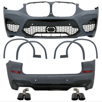 Kit caroserie BMW X3 G01 M Competition Look – bară față cu grilă tip fagure, bară spate cu difuzor, tobe duble, praguri și extensii aripi
