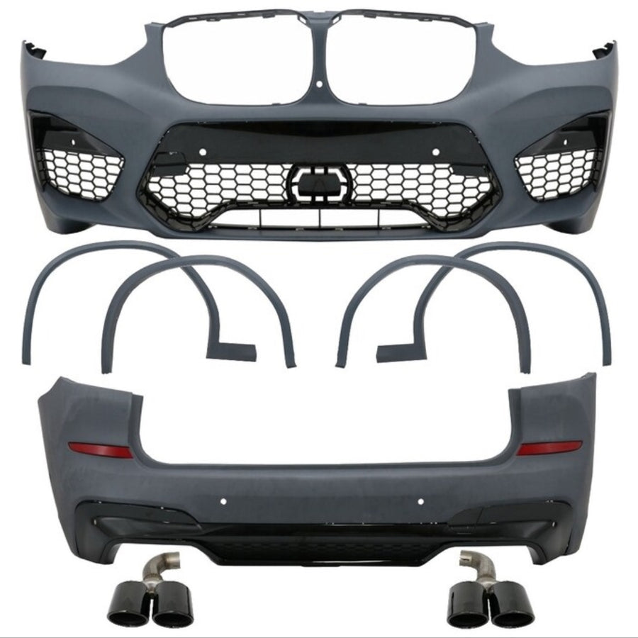 Kit caroserie BMW X3 G01 M Competition Look – bară față cu grilă tip fagure, bară spate cu difuzor, tobe duble, praguri și extensii aripi