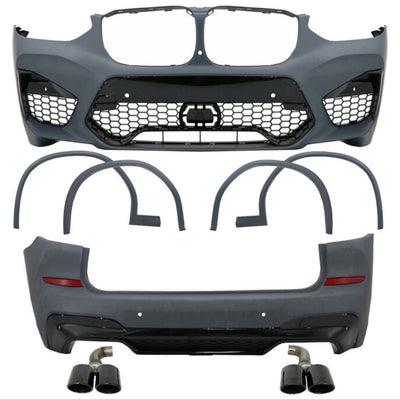 Kit caroserie BMW X3 G01 M Competition Look – bară față cu grilă tip fagure, bară spate cu difuzor, tobe duble, praguri și extensii aripi