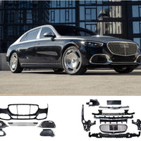 Vedere frontală a unui Mercedes S-Class W223 echipat cu grilă verticală Maybach Design, finisaj vișiniu, iluminare LED