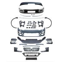 Kit exterior R-Line pentru Volkswagen Tiguan 2016–2021, conține toate piesele: bare, grilă, difuzor, ornamente, suporturi și prinderi.