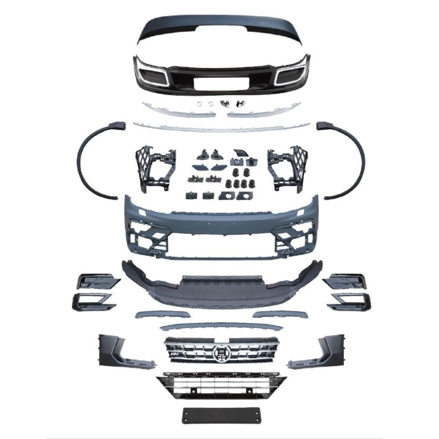 Kit exterior R-Line pentru Volkswagen Tiguan 2016–2021, conține toate piesele: bare, grilă, difuzor, ornamente, suporturi și prinderi.