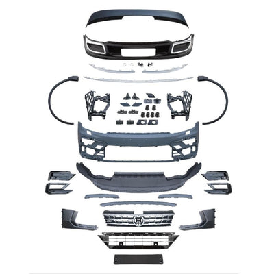 Kit exterior R-Line pentru Volkswagen Tiguan 2016–2021, conține toate piesele: bare, grilă, difuzor, ornamente, suporturi și prinderi.