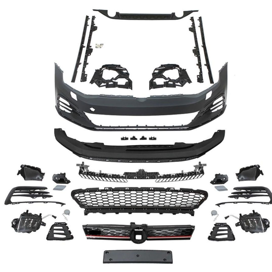 Kit exterior tuning complet R-Line pentru Volkswagen Golf 7.5 facelift 2017+, set piese caroserie față și spate, bare, grile, difuzor, accesorii montaj, design sport premium.