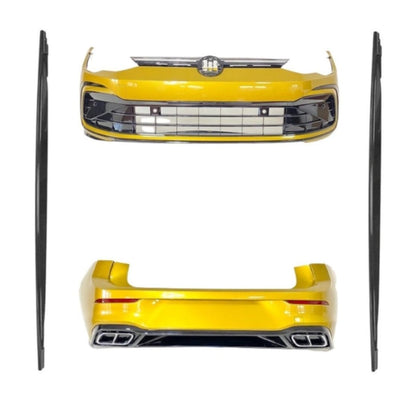 Kit exterior complet R-Line compatibil cu Volkswagen Golf 8 (2020+), culoare galben, include bară față și bară spate cu design sportiv, realizate din polipropilenă de înaltă calitate.
