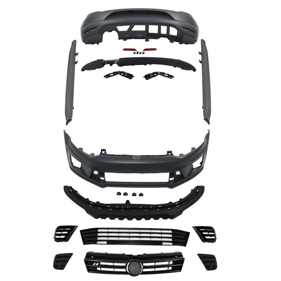 Set complet R-Line pentru Volkswagen Golf 8 (2020+), vedere frontală a componentelor: bară față, grilă centrală, lame inferioare, grile laterale și accesorii, din ABS de calitate superioară. Compatibil cu modele Golf 8 non-GTI/GTI Clubsport.