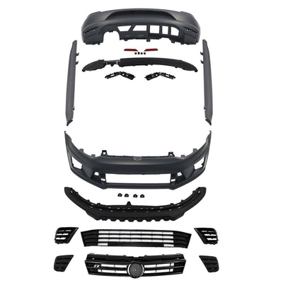 Set complet R-Line pentru Volkswagen Golf 8 (2020+), vedere frontală a componentelor: bară față, grilă centrală, lame inferioare, grile laterale și accesorii, din ABS de calitate superioară. Compatibil cu modele Golf 8 non-GTI/GTI Clubsport.