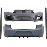 Set exterior complet R20 pentru VW Golf 6 (2009–2012), include bară față, bară spate și praguri laterale, design sportiv pregătit pentru vopsire.