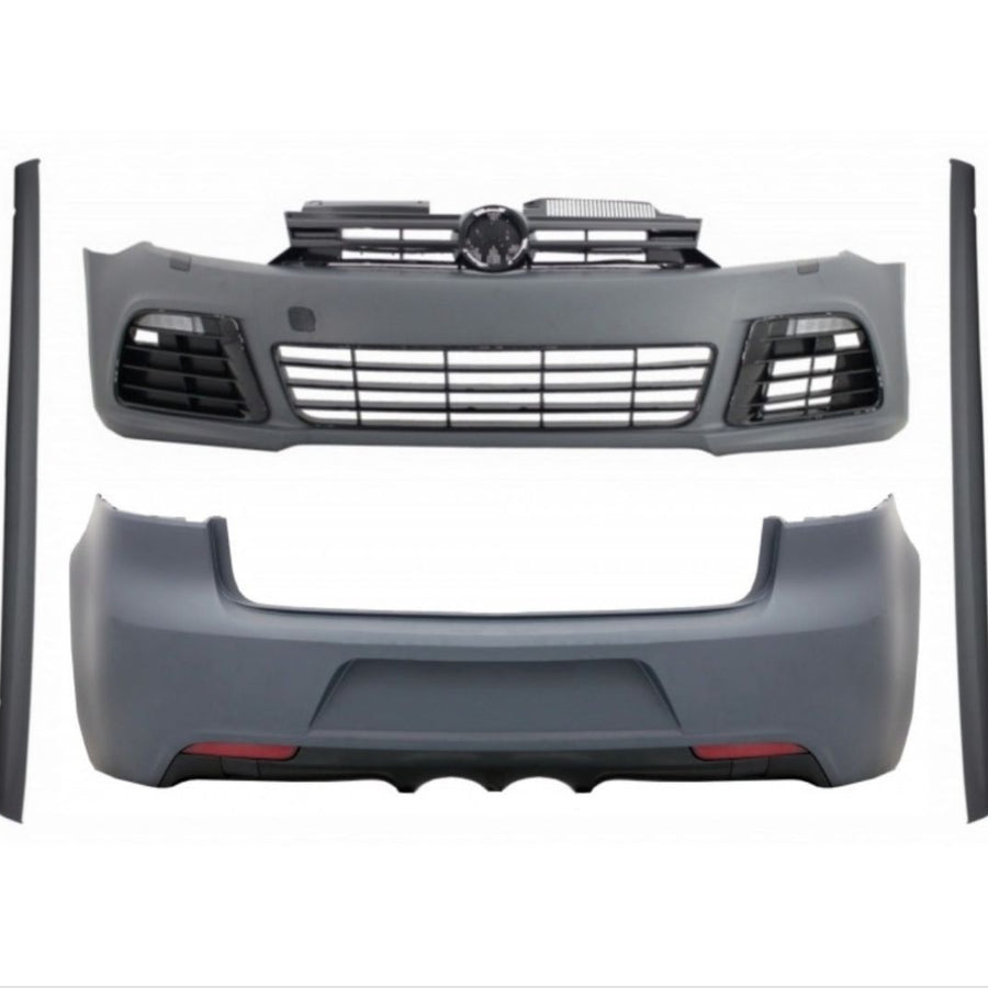 Set exterior complet R20 pentru VW Golf 6 (2009–2012), include bară față, bară spate și praguri laterale, design sportiv pregătit pentru vopsire.