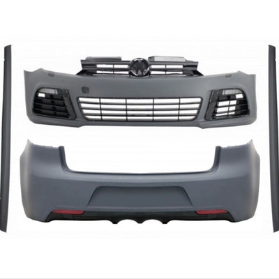 Set exterior complet R20 pentru VW Golf 6 (2009–2012), include bară față, bară spate și praguri laterale, design sportiv pregătit pentru vopsire.