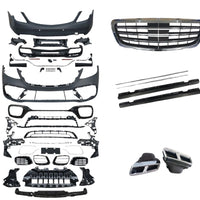 Kit exterior complet S63 AMG pentru Mercedes Clasa S W222, compus din bară față, bară spate, grilă, ornamente evacuare, praguri și elemente suport.