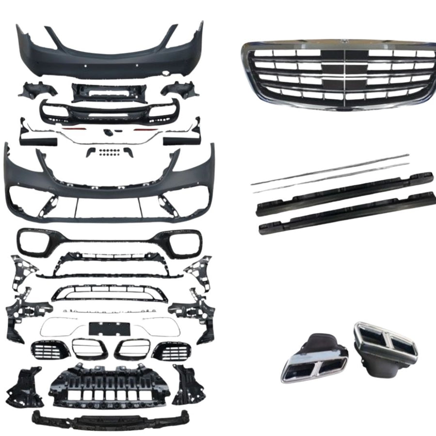 Kit exterior complet S63 AMG pentru Mercedes Clasa S W222, compus din bară față, bară spate, grilă, ornamente evacuare, praguri și elemente suport.