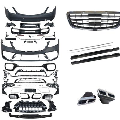 Kit exterior complet S63 AMG pentru Mercedes Clasa S W222, compus din bară față, bară spate, grilă, ornamente evacuare, praguri și elemente suport.
