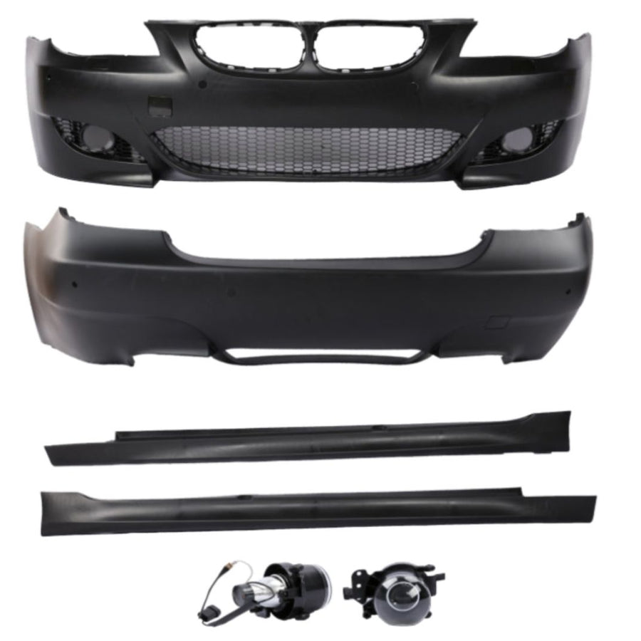 Kit tuning exterior M5 pentru BMW E60, cu bară față/spate, praguri laterale și proiectoare ceață – compatibil 2003–2010.