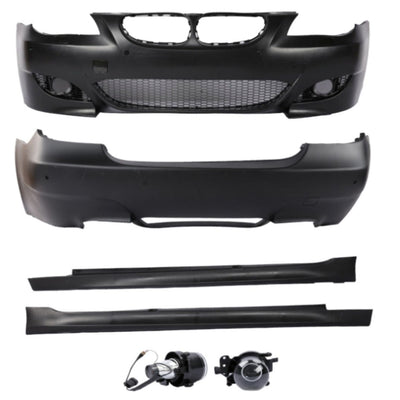 Kit tuning exterior M5 pentru BMW E60, cu bară față/spate, praguri laterale și proiectoare ceață – compatibil 2003–2010.
