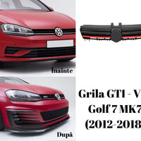 Grilă GTI VW Golf 7 MK7 (2012–2018), fotografie frontală, design cu dungi roșii, finisaj lucios, componentă auto aftermarket din ABS.