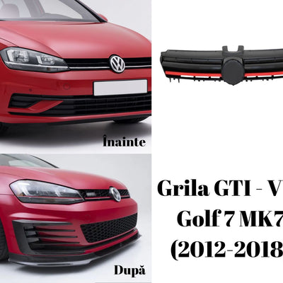 Colaj comparativ înainte și după montaj grilă GTI pe Volkswagen Golf 7 MK7, model 2012–2018, culoare roșie, evidențiind upgrade-ul estetic.