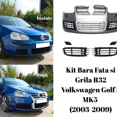 VW Golf 5 2003–2009 cu bară și grilă standard vs kit R32, imagine comparativă unghi față