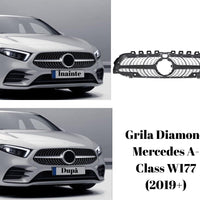Grilă auto Diamond gri compatibilă cu Mercedes A-Class W177 2019+, design elegant din ABS, prezentare frontală a componentului.