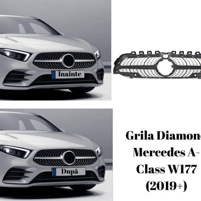 Mercedes A-Class W177 model 2019+ echipat cu grilă Diamond gri aftermarket, prezentare frontală după instalare.