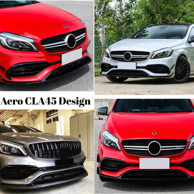 Mercedes CLA W117 facelift echipat cu Kit Aero CLA45 Design, vedere din mai multe unghiuri cu splitter față gloss black și accente agresive.