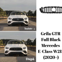 Grilă auto GTR Full Black compatibilă cu Mercedes E-Class W213 (2020+), fabricată din plastic ABS, design sportiv complet negru, fotografie frontală pe fundal alb.