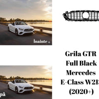 Grilă auto GTR Full Black compatibilă cu Mercedes E-Class W213 (2020+), fabricată din plastic ABS, design sportiv complet negru, fotografie frontală pe fundal alb.