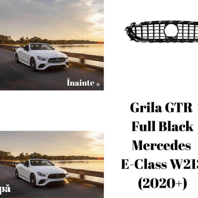 Comparație vizuală înainte și după montarea grilei GTR Full Black pe Mercedes E-Class W213 (2020+), vedere laterală cu mașina albă decapotabilă pe șosea.