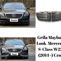 Grilă frontală Maybach Look cromată pentru Mercedes S-Class W222 (2014+), design vertical cu finisaj lucios și ramă cromată.