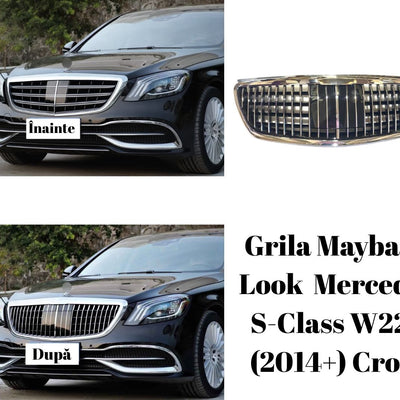 Imagine comparativă cu Mercedes S-Class W222 (2014+), înainte și după montarea grilei Maybach Look cromate, unghi lateral față.