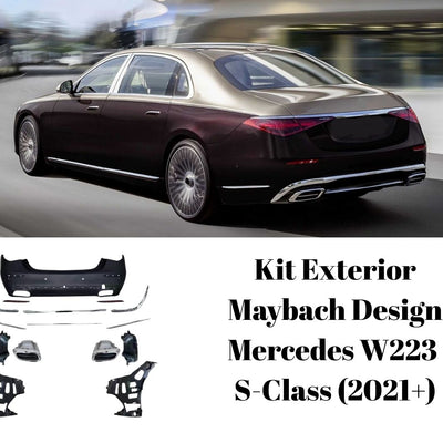 Mercedes S-Class W223 cu pachet complet Maybach Look, vedere frontală, finisaj vișiniu, grilă verticală și detalii cromate