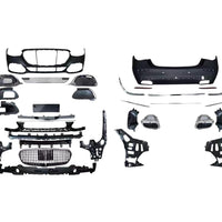 Vedere frontală a unui Mercedes S-Class W223 echipat cu grilă verticală Maybach Design, finisaj vișiniu, iluminare LED