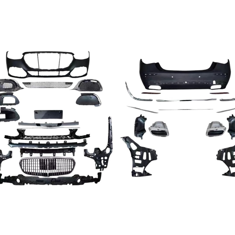 Vedere frontală a unui Mercedes S-Class W223 echipat cu grilă verticală Maybach Design, finisaj vișiniu, iluminare LED