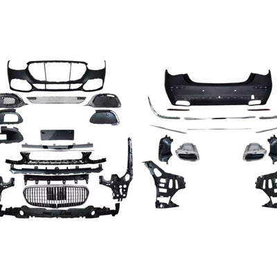 Vedere frontală a unui Mercedes S-Class W223 echipat cu grilă verticală Maybach Design, finisaj vișiniu, iluminare LED