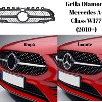 Grilă auto Diamond gri compatibilă cu Mercedes A-Class W177 2019+, design elegant din ABS, prezentare frontală a componentului.