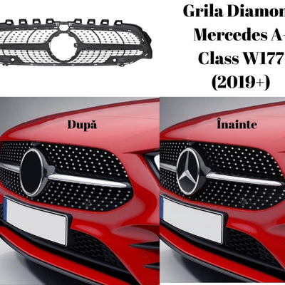 Colaj comparativ înainte și după montajul grilei Diamond gri pe Mercedes A-Class W177 2019+, evidențiind upgrade-ul estetic.