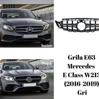 Imagine cu grilă E63 Look gri pentru Mercedes-Benz E-Class W213 (2016–2019), vedere frontală, piesă auto aftermarket din ABS rezistent.