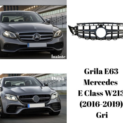 Fotografie comparativă înainte și după instalarea grilei E63 Look pe Mercedes E-Class W213 (2016–2019), design sportiv și agresiv.