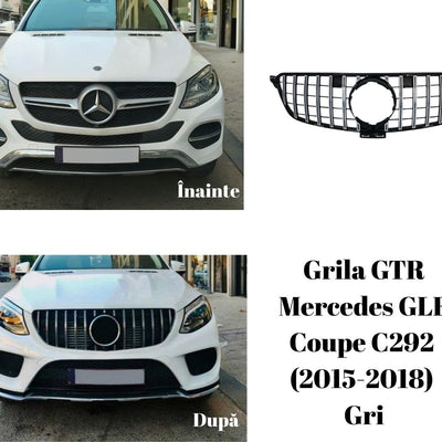 Comparație înainte și după montaj grilă GTR Look pe Mercedes GLE Coupe alb, cu grilă gri cromată aftermarket.