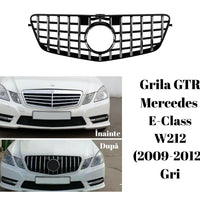 Grilă auto GTR Look gri pentru Mercedes E-Class W212 Sedan și T-Modell 2009–2012, plastic ABS rezistent, vedere frontală pe fundal alb.
