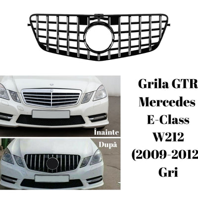 Comparativ înainte și după montaj grilă GTR Look gri pe Mercedes E-Class W212 Sedan 2009–2012, imagine frontală cu diferențele de design.