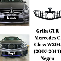 Grilă GTR neagră din ABS pentru Mercedes C-Class W204 (2007–2014), design sportiv cu fante verticale, vedere frontală pe fundal alb.