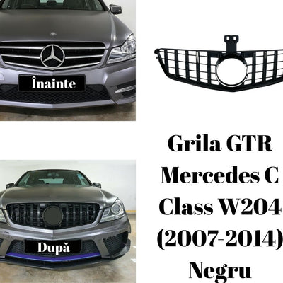 Colaj cu Mercedes C-Class W204 înainte și după instalarea grilei GTR negre, prezentare frontală în parcare, produs aftermarket.