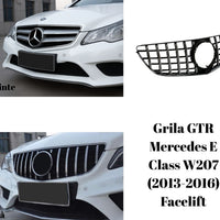 Grilă față GTR Look pentru Mercedes E-Class W207 Facelift (2013–2016), vedere frontală, design cu bare verticale cromate și suport emblemă centrală.