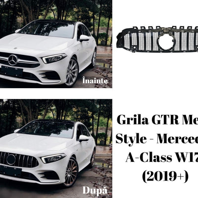 Comparativ montaj grilă GTR Mesh Style pe Mercedes A-Class W177 (2019+), înainte și după instalare, aspect sportiv și agresiv.