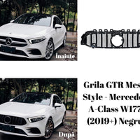 Grilă GTR Mesh Style negru pentru Mercedes A-Class W177 (2019+), vedere frontală, design sportiv tip fagure, material ABS rezistent.