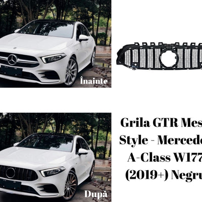 Mercedes A-Class W177 (2019+) alb, comparație înainte și după instalarea grilei GTR Mesh Style negru, look sportiv și modern.