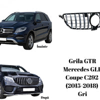 Grilă frontală GTR Look gri cu finisaj cromat pentru Mercedes GLE Coupe C292, vedere frontală, componentă aftermarket din ABS re