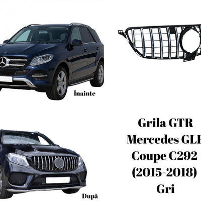 Comparație înainte și după instalare grilă GTR Look gri pe Mercedes GLE Coupe C292, design sportiv cu bare verticale cromate.