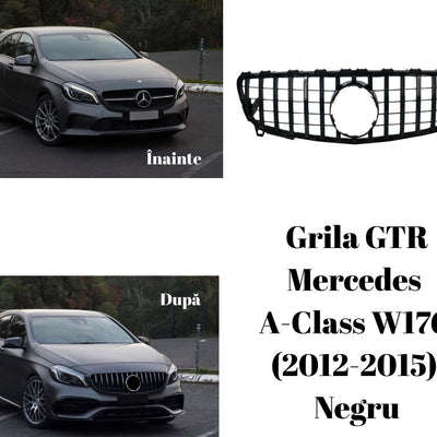 Comparatie înainte și după instalarea grilei GTR negre pe Mercedes A-Class W176 (2012–2015), diferență vizibilă de stil.